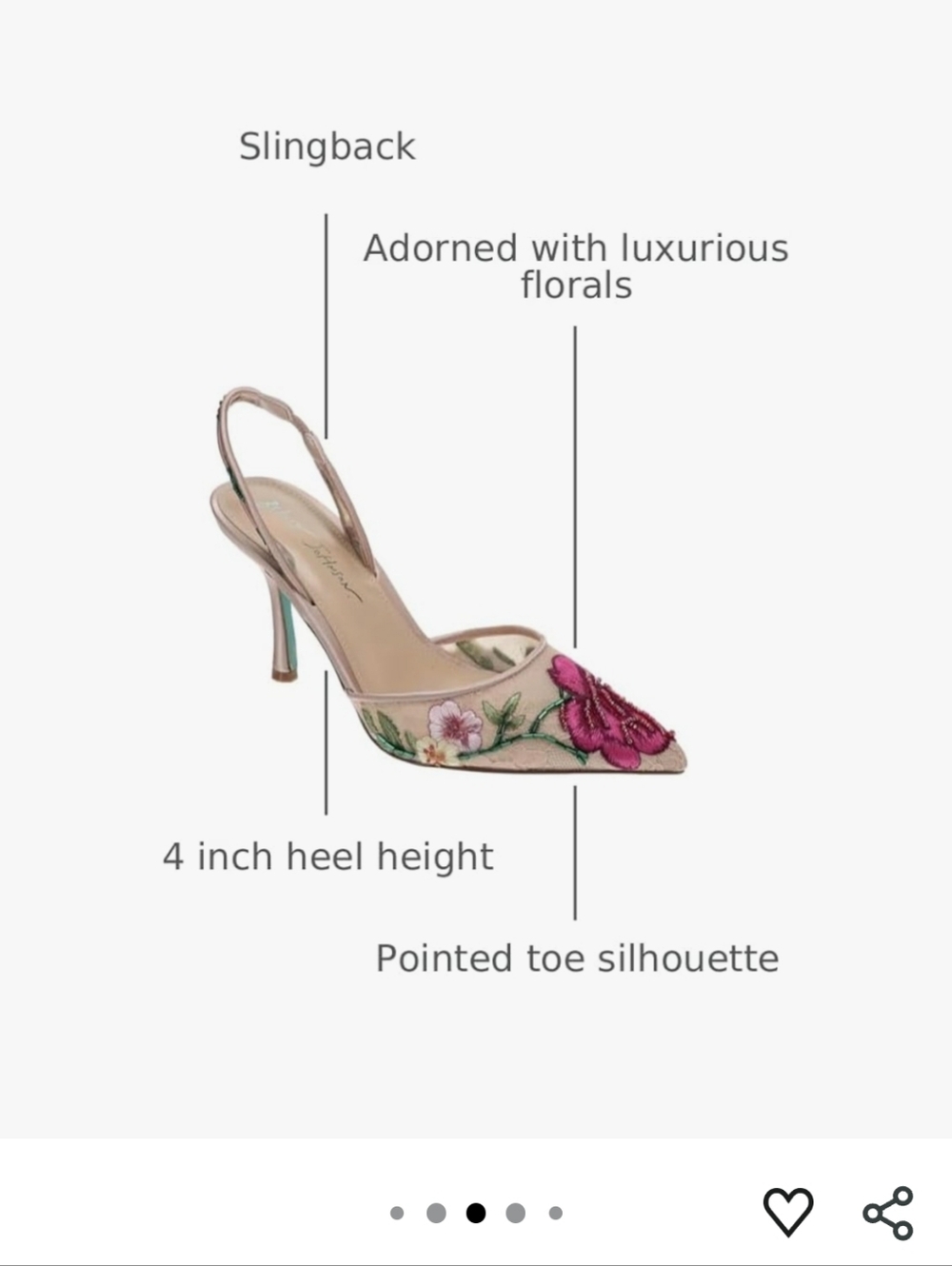 Betsey Johnson Womens' April - Pink Embroidered Pointed-Toe Slingback Heel - Picture 3 of 8